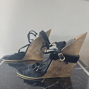 Yves Saint Laurent Black and Gold Totem Wedges 39 Runway Vintage